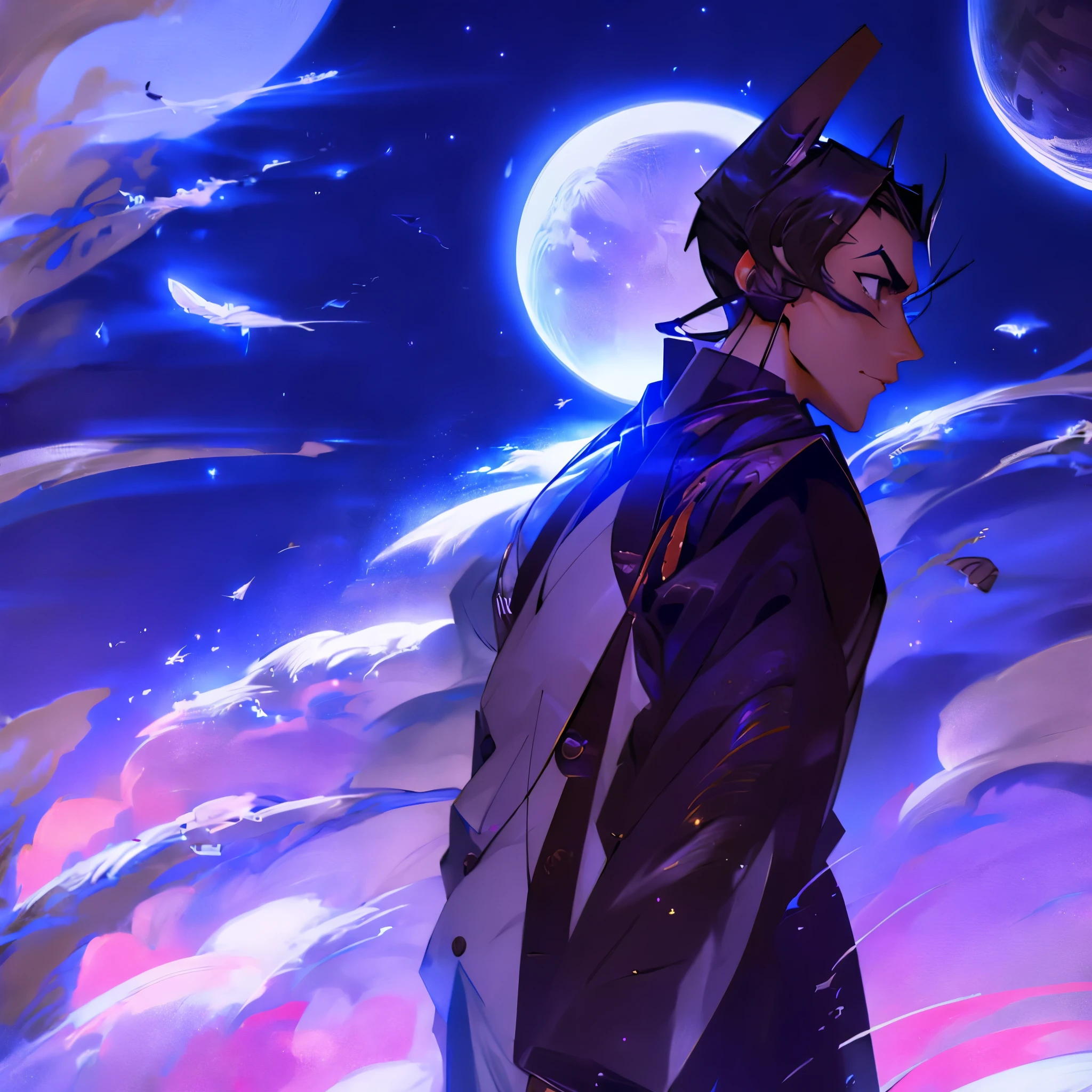 Мужчина в маске в элегантном японском костюме смотрит на луну в космосе со звездной пылью вокруг и звездами за луной. Человек – искатель Луны. Луна большая и красивая, окруженная звездной пылью и тьмой.. Космос окружает его теплой и тревожной атмосферой.. 