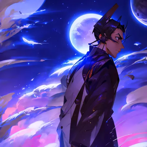 Masked man in elegant Japanese suit looking at the moon in space with stardust around and stars behind the moon. El hombre es un...