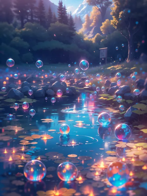 Far shot of a lake,super cute slime,reflecting light,colorful bubbles,magical lake,ultra-detailed,best quality,soft lighting, fa...