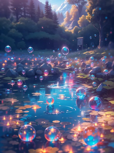 far shot of a lake,super cute slime,reflecting light,colorful bubbles,magical lake,ultra-detailed,best quality,soft lighting, fa...