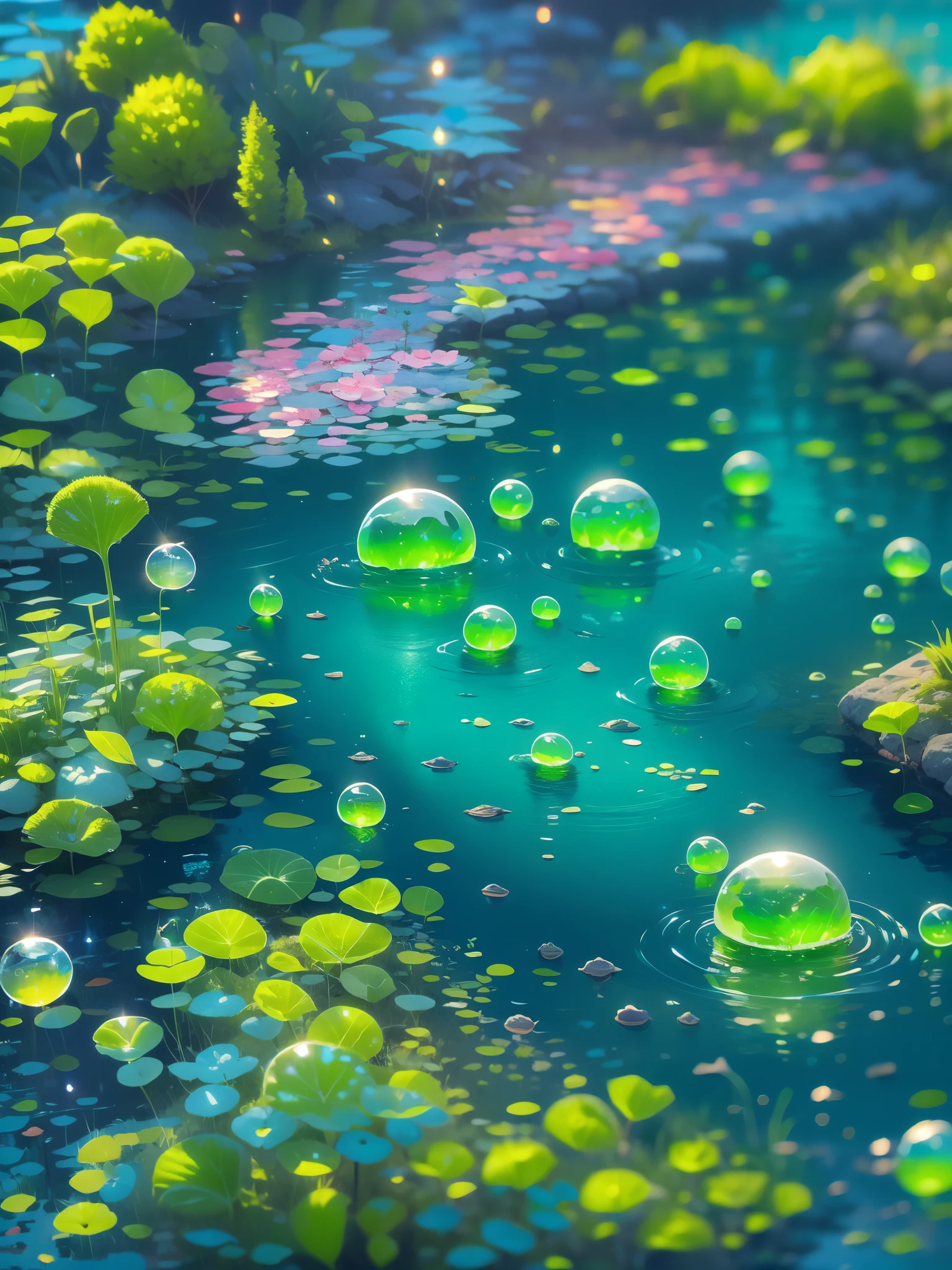 Far shot of a lake,super cute slime,reflecting light,colorful bubbles,magical lake,ultra-detailed,best quality,soft lighting, fantasy style, vibrant colors