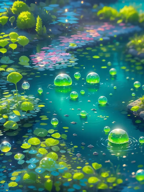 Far shot of a lake,super cute slime,reflecting light,colorful bubbles,magical lake,ultra-detailed,best quality,soft lighting, fa...