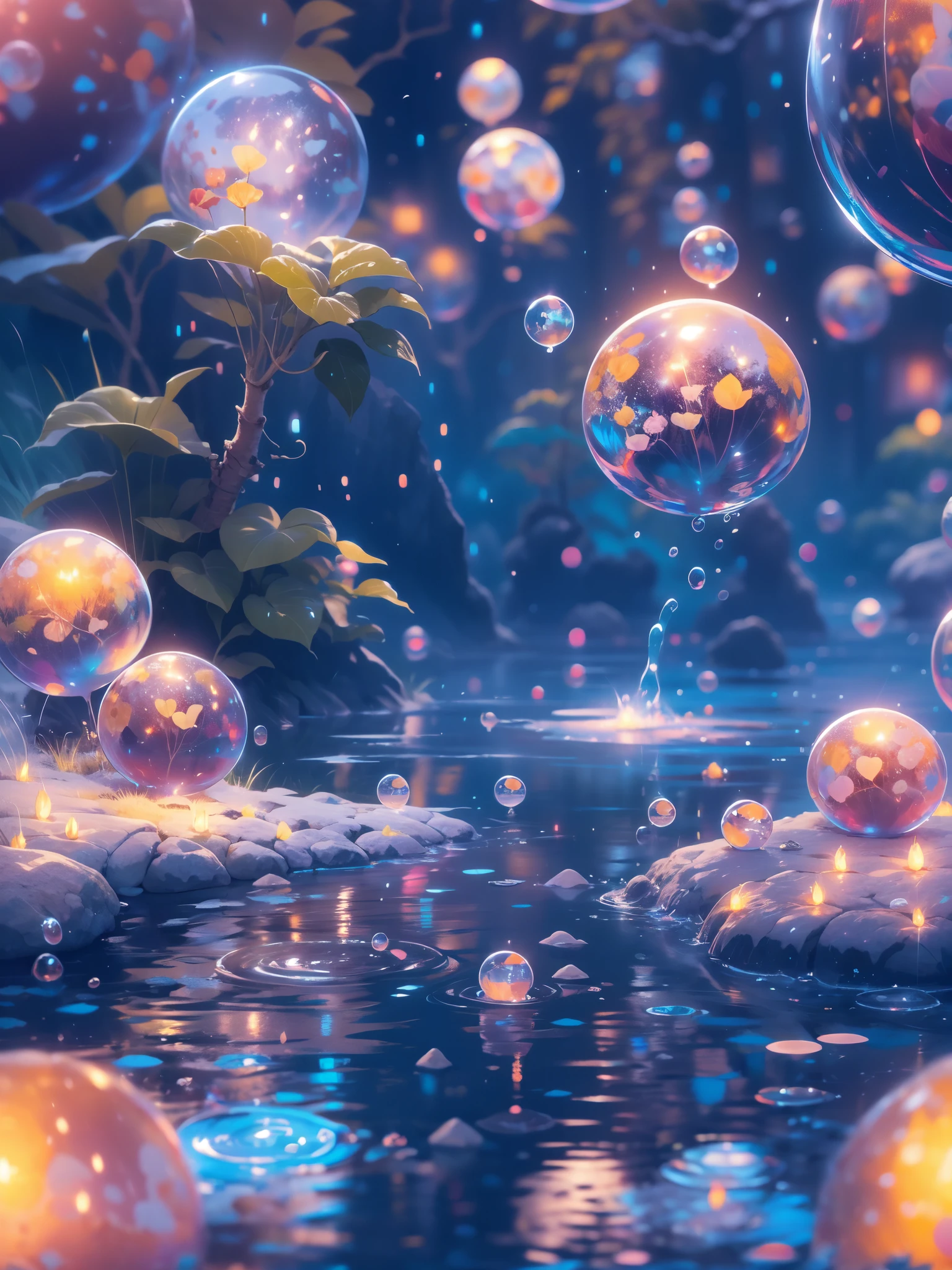 Plan lointain d&#39;un lac,slime super mignon,réfléchissant la lumière,bulles colorées,lac magique,Ultra-détaillé,meilleure qualité,Éclairage doux, style fantastique, couleurs vives
