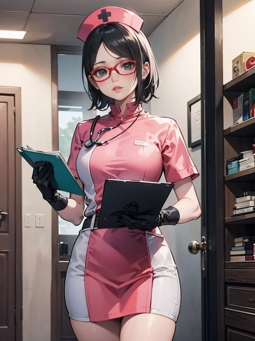 Mortal Kombat 11: Aftermath. Illustration in the style of comic book artist Jim Lee. Sarada Uchiha with short hair, black eyes and glasses. She is wearing white nurse clothes and a nurse hat. She is in a doctor's office with shelves of medicines behind her, there is a table in the room. She has a stethoscope and a clipboard for notes. She is wearing gloves, pink lipstick. Intricate details, rich colors and a sense of grandeur. Perspective. gloves. waist, belt, delicate lips