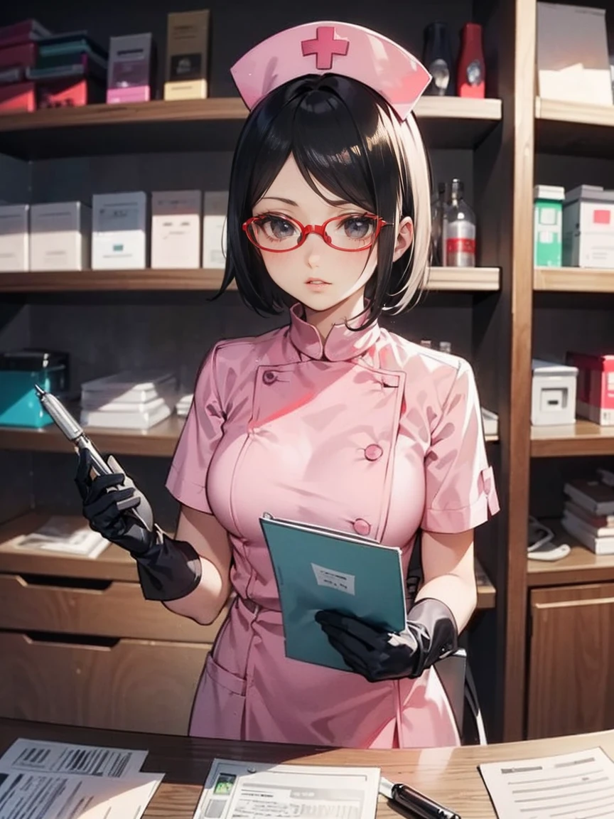 Mortal Kombat 11: Aftermath. Illustration in the style of comic book artist Jim Lee. Sarada Uchiha with short hair, black eyes and glasses. ((She is wearing white nurse clothes and a nurse hat, She is wearing gloves)). (She is in a doctor's office with shelves of medicines behind her, there is a table in the room). She has a stethoscope and a clipboard for notes. pink lipstick. Intricate details, rich colors and a sense of grandeur. Perspective. delicate lips
