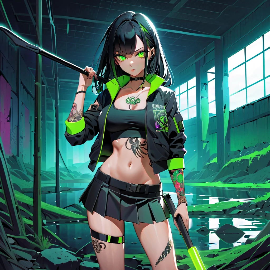 1 girl, solo, long_hair, bangs_between_the_eyes black_hair_with_strands_green, bi_color_ green_neon eyes, sexy_face, HOLDING A crowbar IN HAND NEAR THE GROUND, cyberpunk_clothes, short_jacket, navel appears, short_skirt, tatto_legs, left_arm_band, tattoo_above_navel_background_of_abandoned_lake_contaminated, manga_style_image .
