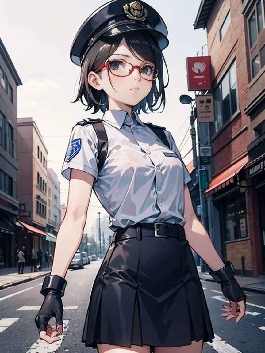 moltal kombat 11: aftermath. Illustration in the style of comic book artist Jim Lee. Sarada Uchiha with short hair, black eyes and glasses. She is wearing police clothes, a navy blue button-down shirt, a skirt and a cap. She is standing at a busy intersection holding handcuffs and looking like an expression. Intricate details, rich colors and a sense of grandeur. Perspective. gloves