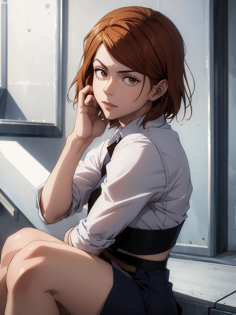 (masterpiece:1.4),(best quality:1.4) 1girl,nobara_jjk,brown hair,short hair, brown eyes,fully , sitting, full body