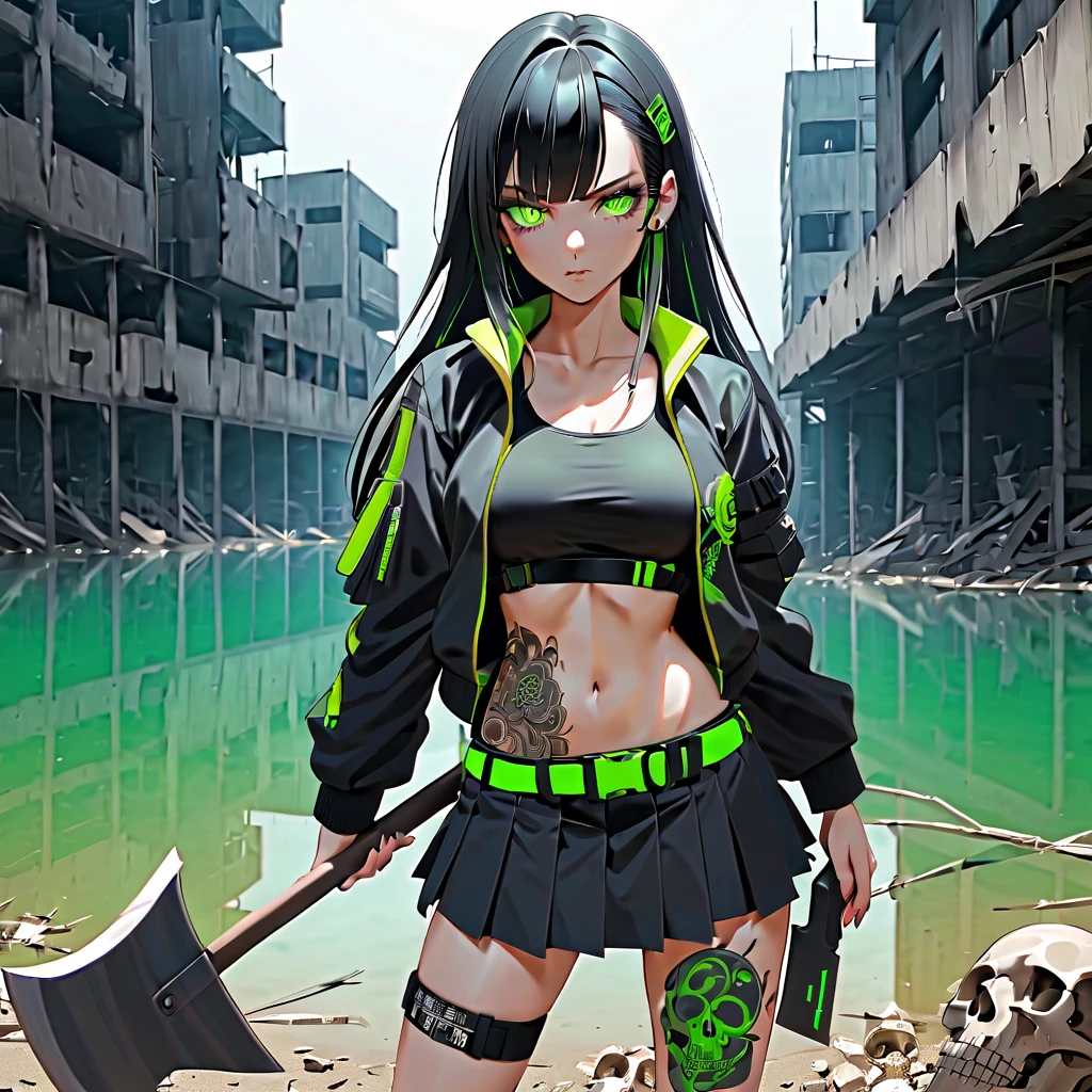 1 girl, solo, long_hair, bangs_between_the_eyes black_hair_with_strands_green, bi_color_ green_neon eyes, sexy_face, HOLDING A AX IN HAND NEAR THE GROUND, CRUSHING A SKULL WITH AN AX, cyberpunk_clothes, short_jacket, navel appears, short_skirt, tatto_legs, left_arm_band, tattoo_above_navel_background_of_abandoned_lake_contaminated, manga_style_image .
