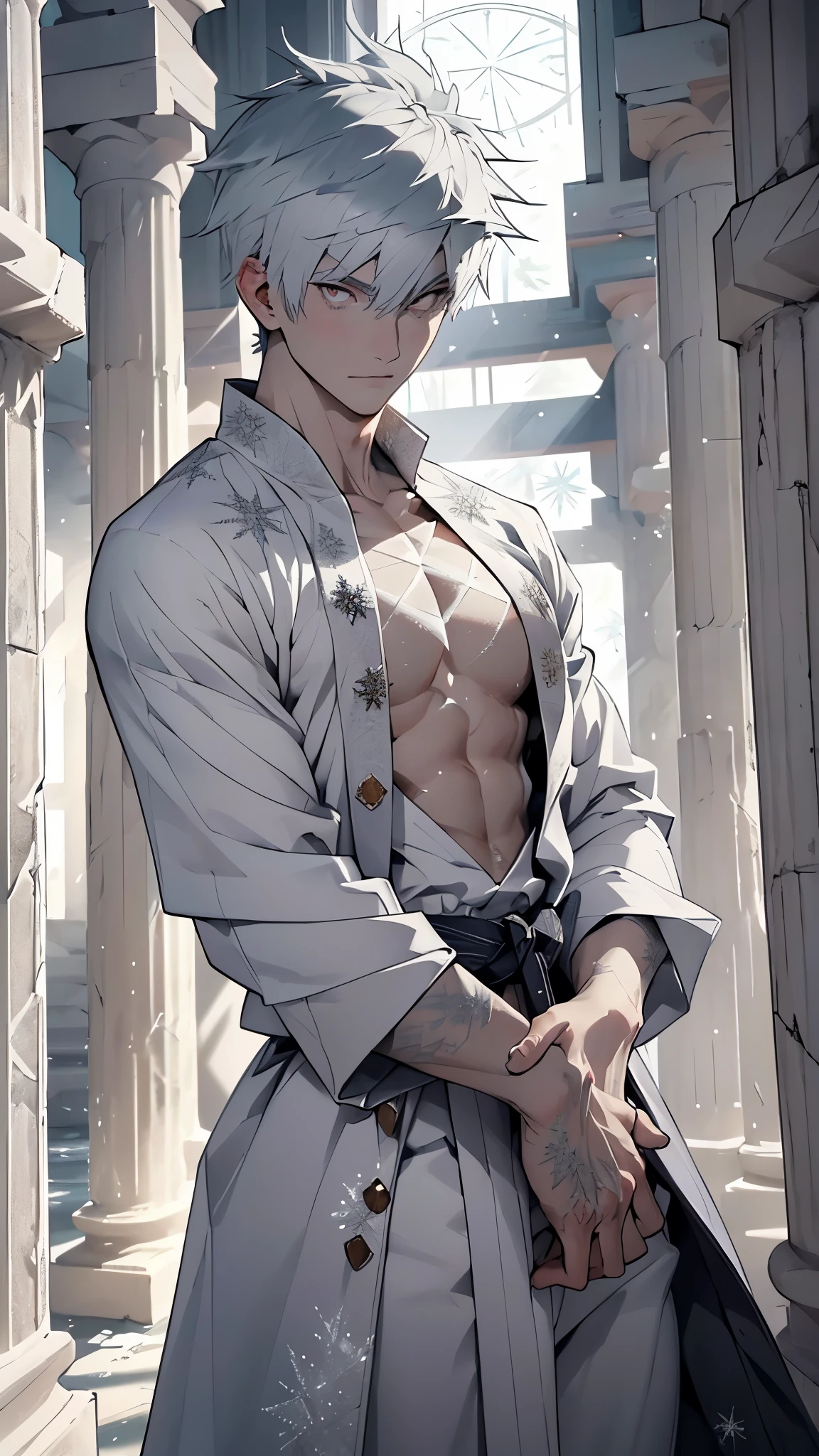 Anime guy with white hair and no shirt holding a sword - SeaArt AI