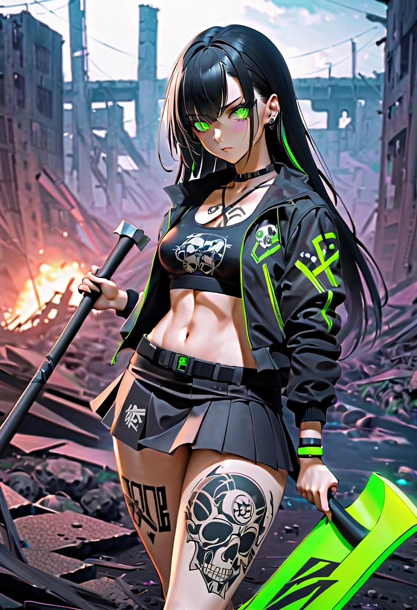 1 girl, solo, long_hair, bangs_between_the_eyes black_hair_with_strands_green, bi_color_ green_neon eyes, sexy_face, HOLDING A AX IN HAND NEAR THE GROUND, CRUSHING A SKULL WITH AN AX, cyberpunk_clothes, short_jacket, navel appears, short_skirt, tatto_legs, left_arm_band, tattoo_above_navel_background_of_abandoned_lake_contaminated, manga_style_image .