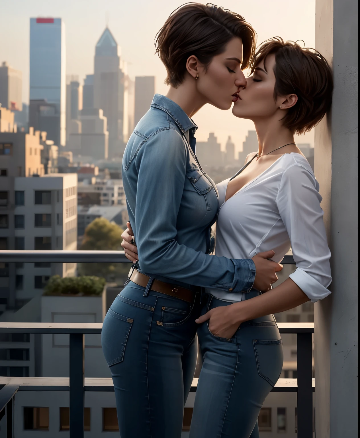 (detailed), two tomboys on a balcony, cityscape, short hair, small breasts, dress shirt, dress, jeans, (kissing:1.2), closed eyes, solo, best quality, best anatomy