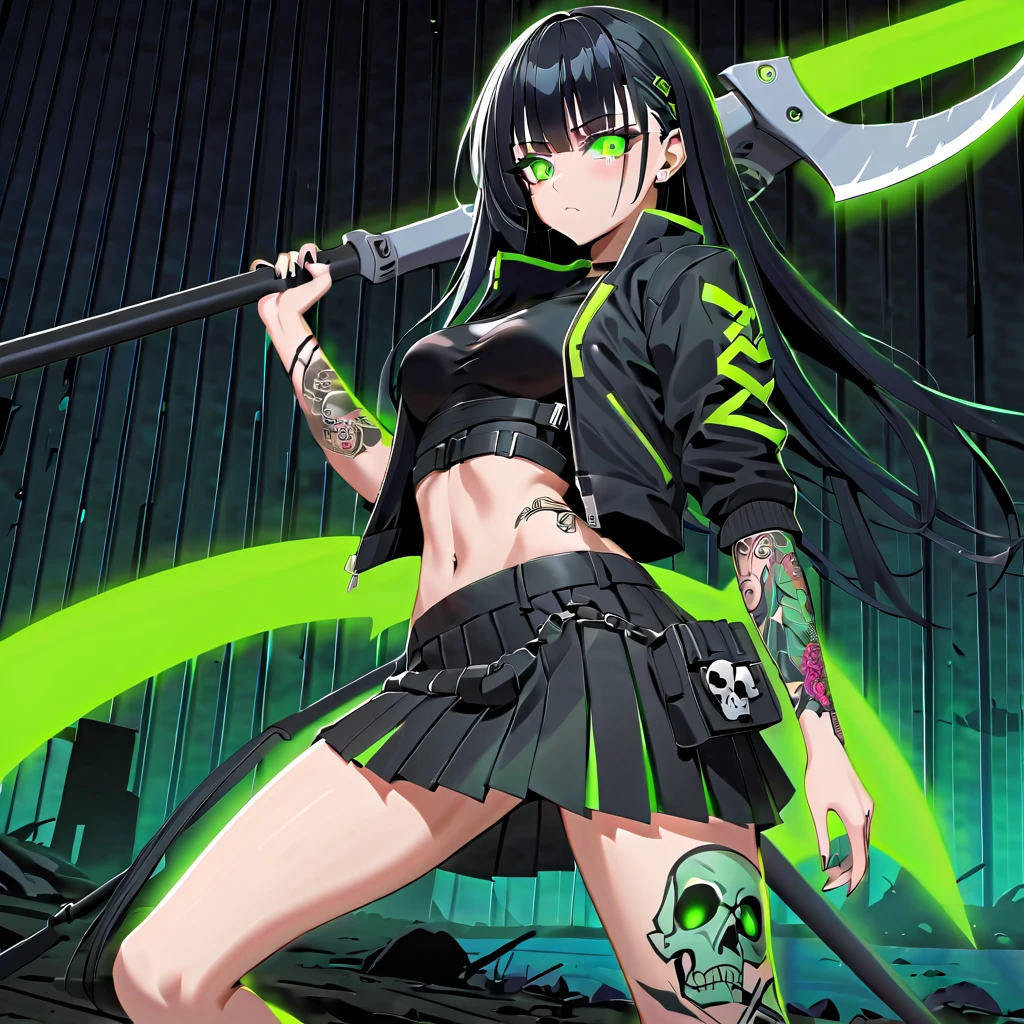 1 girl, solo, long_hair, bangs_between_the_eyes black_hair_with_strands_green, bi_color_ green_neon eyes, sexy_face, HOLDING A SCYTHE IN HAND NEAR THE GROUND, CRUSHING A SKULL WITH AN SCYTHE, cyberpunk_clothes, short_jacket, navel appears, short_skirt, tatto_legs, left_arm_band, tattoo_above_navel_background_of_abandoned_lake_contaminated, manga_style_image .