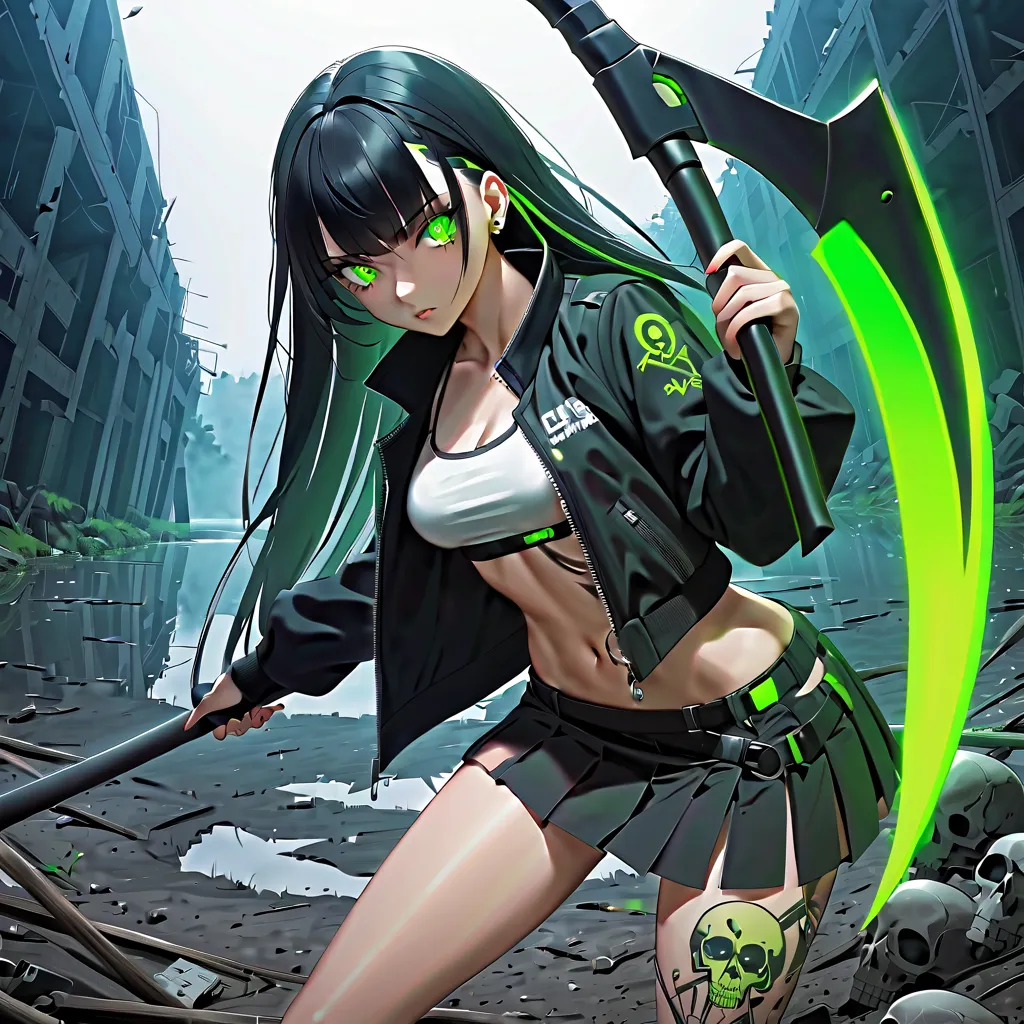 1 girl, solo, long_hair, bangs_between_the_eyes black_hair_with_strands_green, bi_color_ green_neon eyes, sexy_face, holding a s...