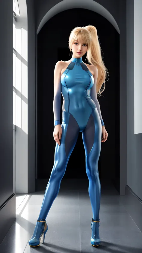 (Samus Aran), thick high ponytail, long platinum-blonde hair, Zero Suit Samus, sheer semi-transparent blue bodysuit, shiny sheer...