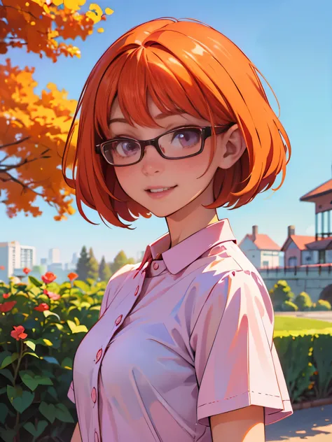 smile、daytime park、High level image quality、Reddish-purple eyes、 short hairstyle、Straight short、orange hair、cute girl、wearing gl...