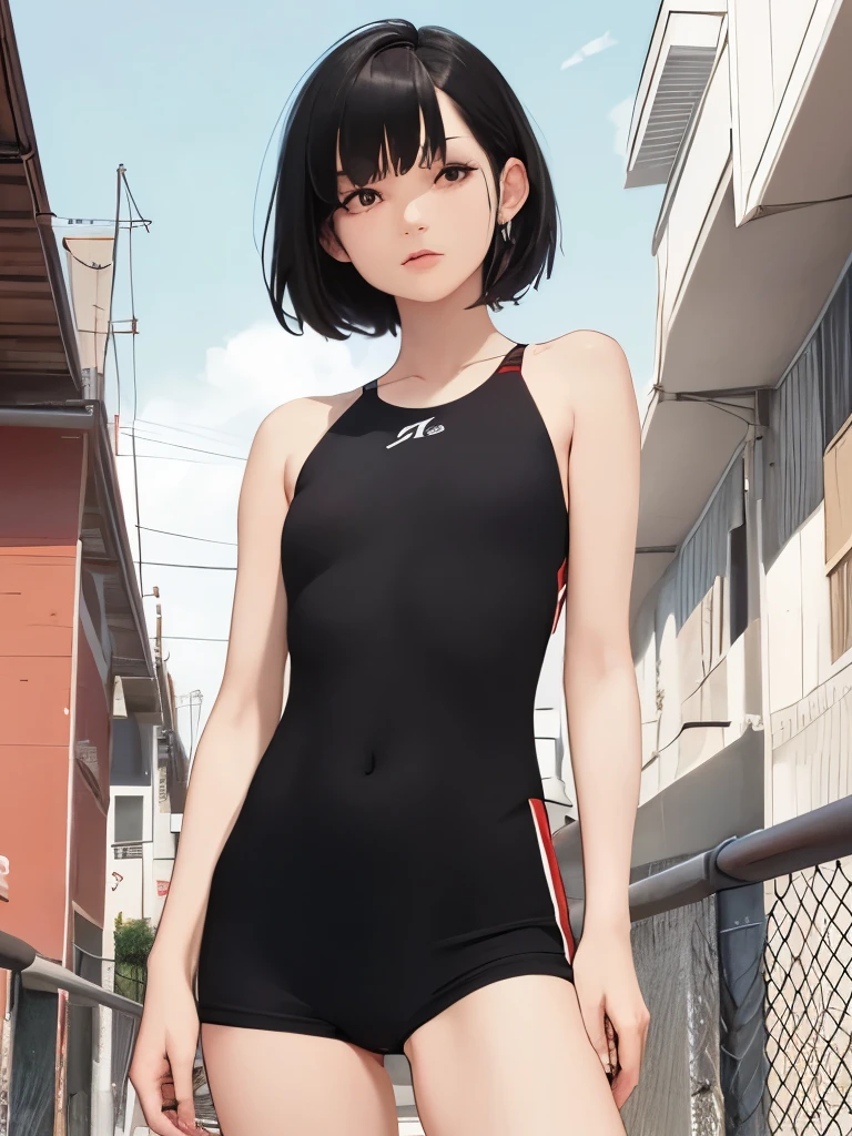 A girl, very short hair, Front View, Composition from head to thigh, slender, flat chest, One-person viewpoint, pale skin, track team, black hair, pixie hairstyle