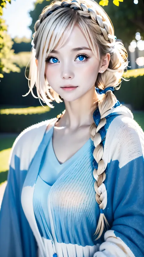 one woman、cute face、Also々new expression、Japanese、charming eyes、cream hair、french braid、short hair、camisole dress、Blue jacket、out...