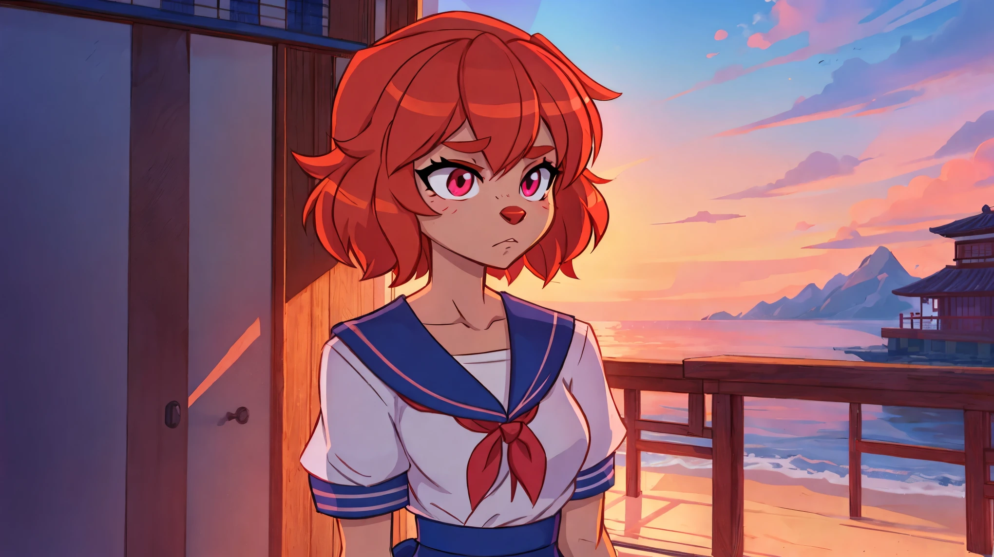 Anime girl with red hair and sailor outfit standing on a balcony - SeaArt AI