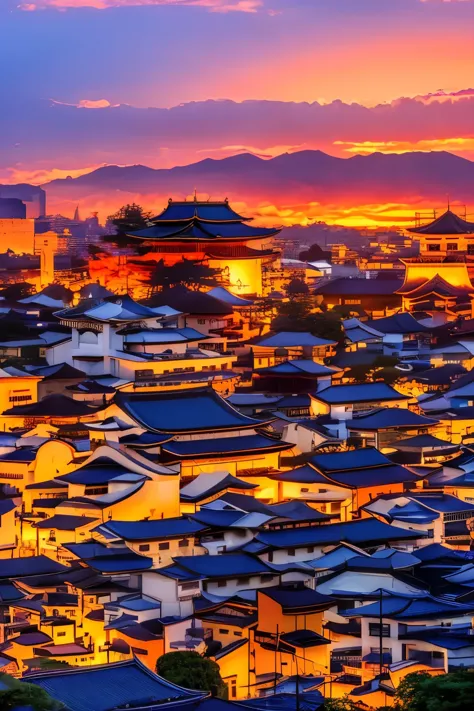 best quality, scenery of ancient capitals like Kyoto and Kamakura in Japan, (sunset sky dyed orange and red:1.4), sunlight shini...