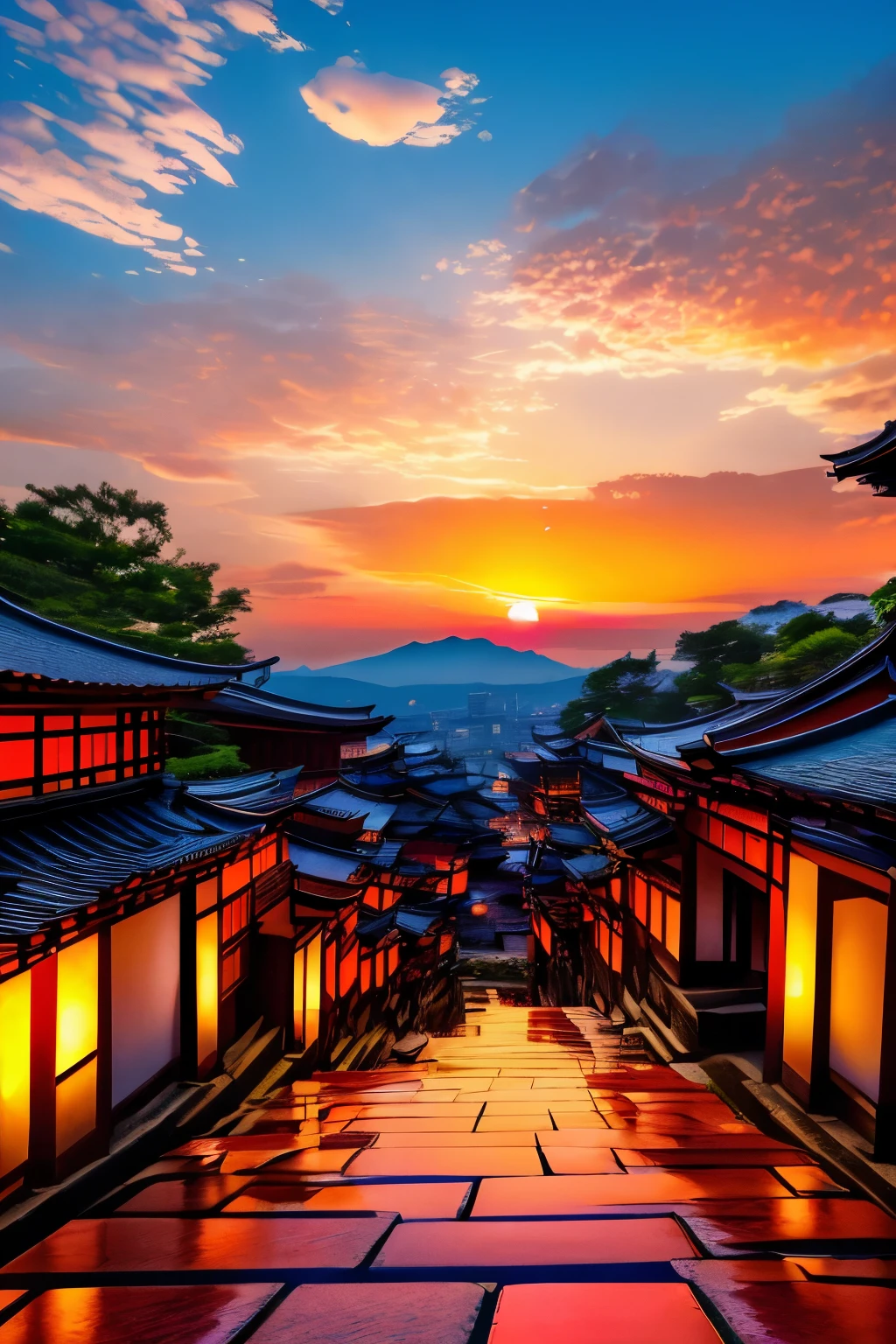 best quality, scenery of ancient capitals like Kyoto and Kamakura in Japan, (sunset sky dyed orange and red:1.4), sunlight shining through the gaps in the clouds, cobblestones, after the rain, ancient city at sunset