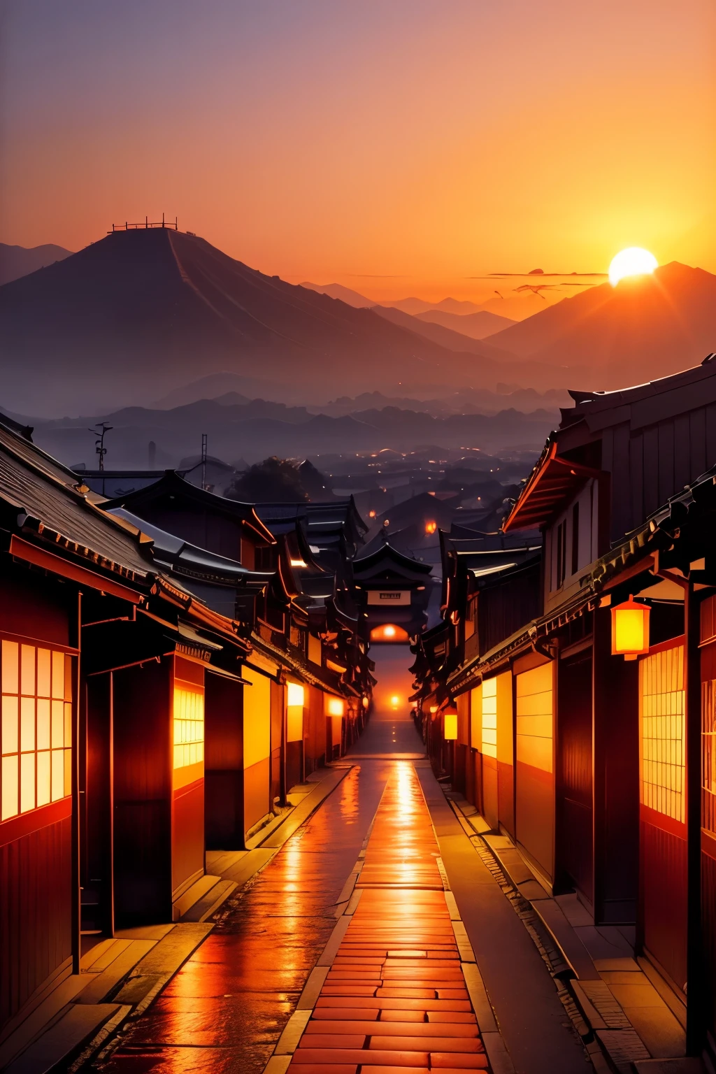 best quality, scenery of ancient capitals like Kyoto and Kamakura in Japan, (sunset sky dyed orange and red:1.4), sunlight shining through the gaps in the clouds, cobblestones, after the rain, ancient city at sunset