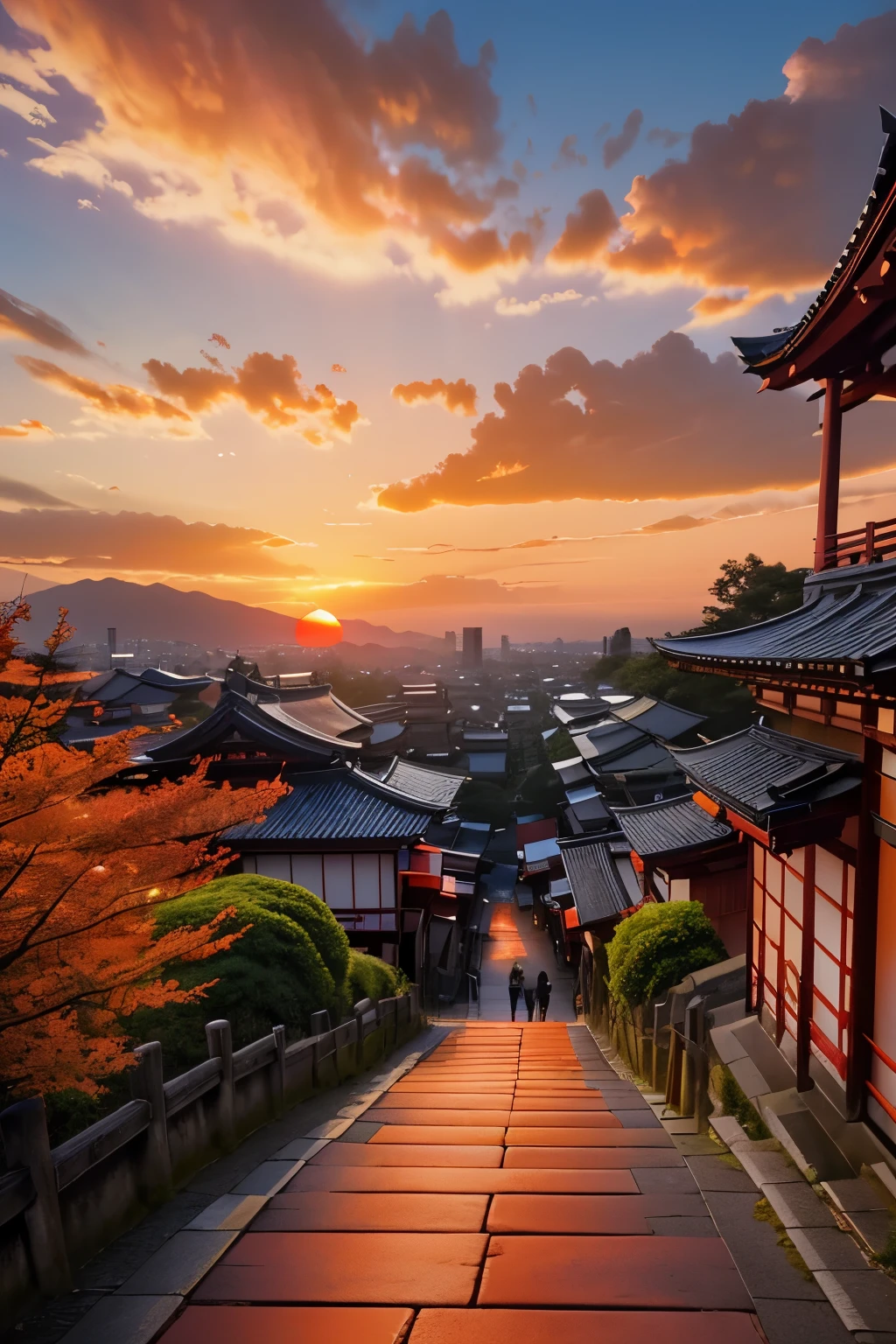 best quality, scenery of ancient capitals like Kyoto and Kamakura in Japan, (sunset sky dyed orange and red:1.4), sunlight shining through the gaps in the clouds, cobblestones, after the rain, ancient city at sunset