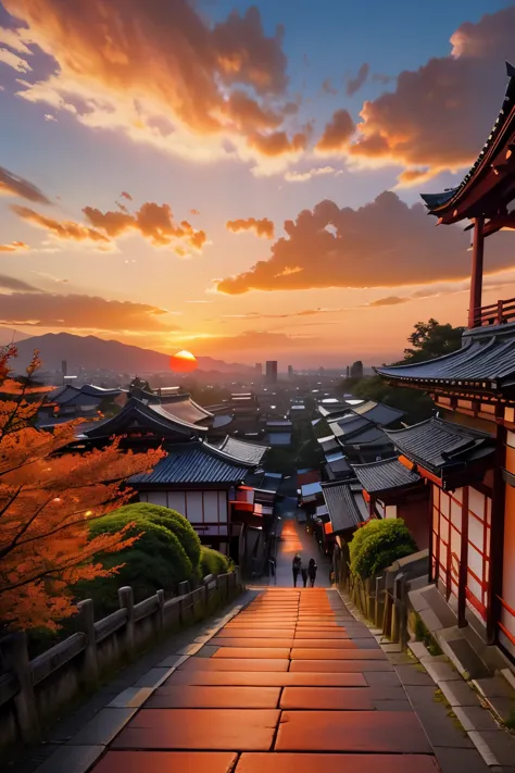 best quality, scenery of ancient capitals like kyoto and kamakura in japan, (sunset sky dyed orange and red:1.4), sunlight shini...