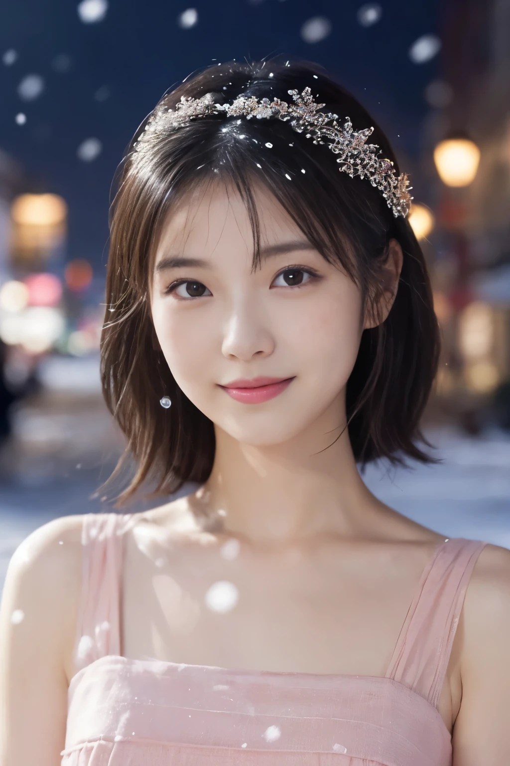 1 girl, (Wearing a pink dress:1.2), Beautiful Japan actress,
(RAW photo, highest quality), (realistic, Photoreal:1.4), masterpiece, 
very delicate and beautiful, very detailed, 2k wallpaper, wonderful, 
finely, Very detailed CG Unity 8k 壁紙, Super detailed, High resolution, 
soft light, beautiful detailed girl, very detailed目と顔, beautifully detailed nose, beautiful and detailed eyes, cinematic lighting, 
BREAK
(Against the backdrop of a snowy night cityscape 1.3), city lights, (Snow is flying:1.3), 
perfect anatomy, slender body, smile, Face the front completely, looking at the camera