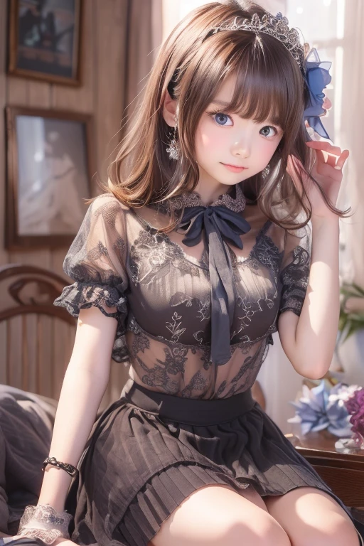 master piece、highest quality、detailed、blouse、skirt、sitting、(Contrasting eyes),（from the front）、bedroom、indoor