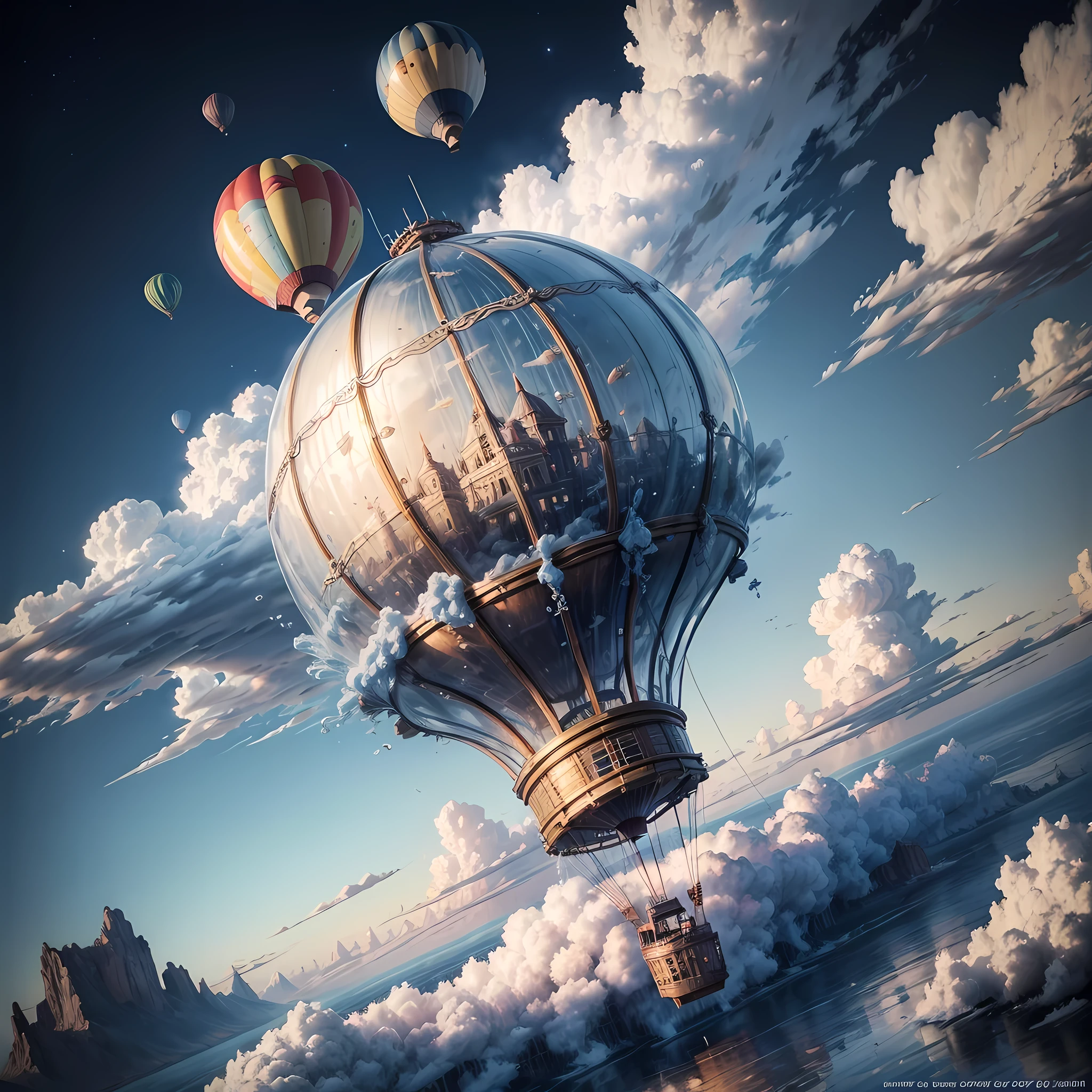 空を飛ぶ水でできた熱気球, 雲, Halation, 複雑な詳細, 8000人, 16,000, 最高品質, 最高解像度, 非常に繊細なコンセプトアート, 24K UHD, FHD解像度