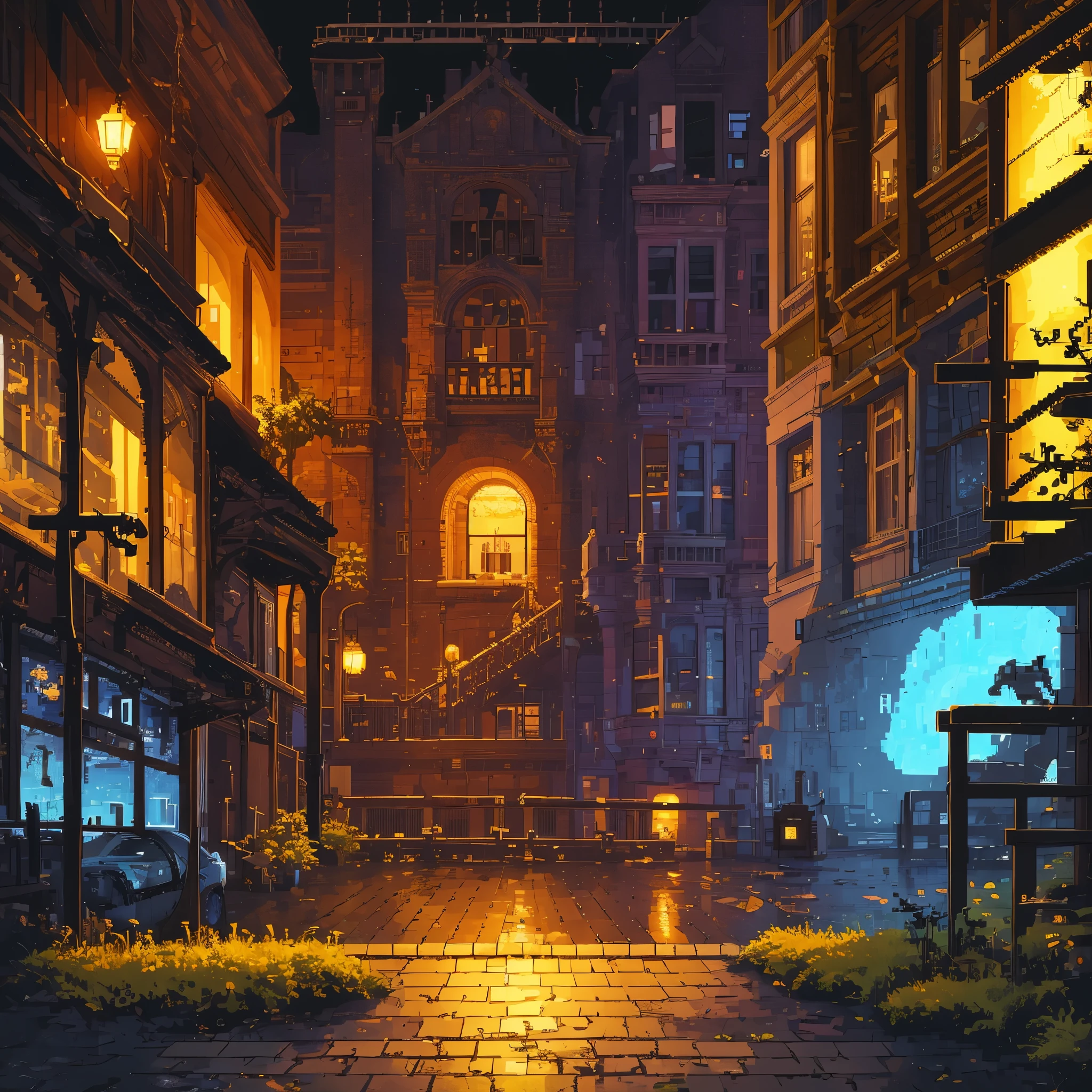 (beste Qualität,4k,8k,highres,Meisterwerk:1.2),pixel art,Straße,Stadtlicht,Brücke