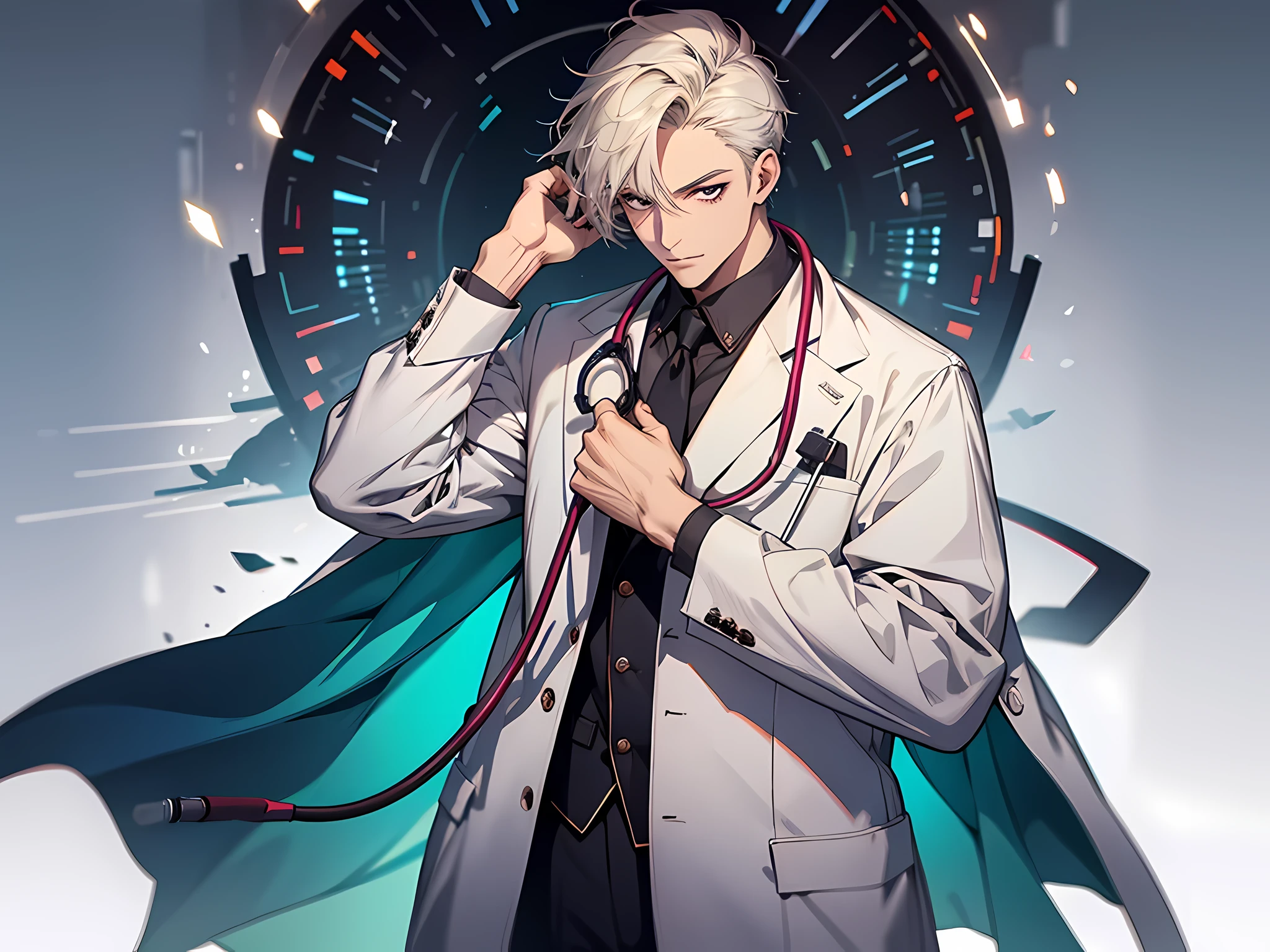 1 человек, в белом врачебном костюме со стетоскопом на шее, стоя, лицом к деталям, подробные глаза, Идеальные руки, иллюстрация в полный рост, фон в больнице
