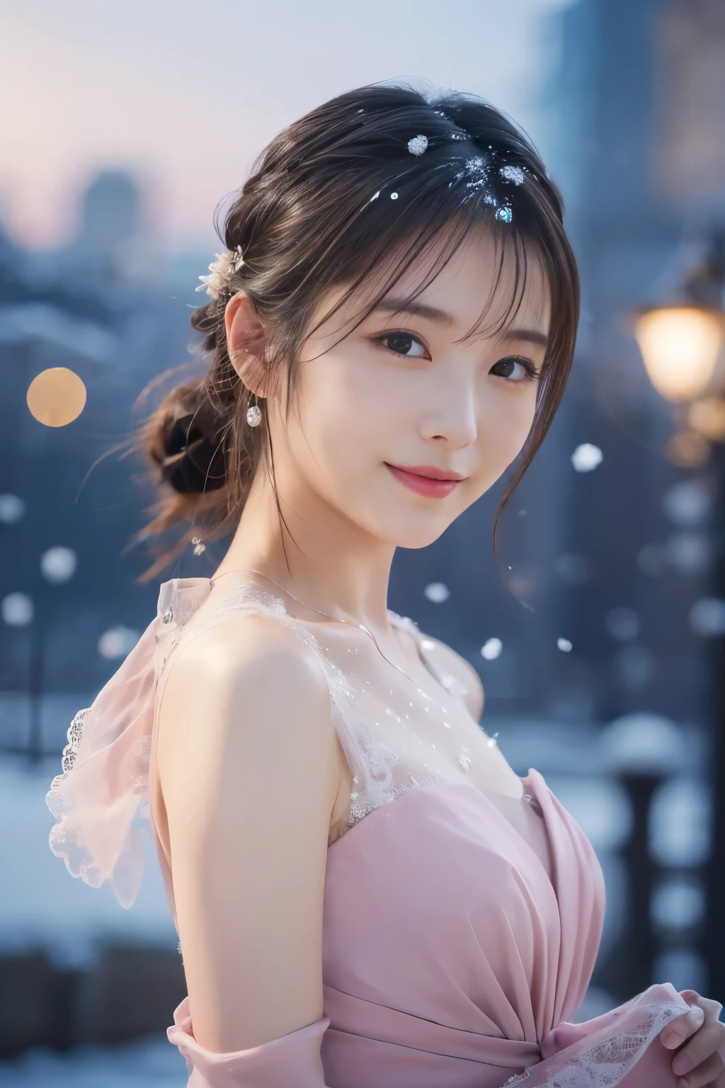 1 girl, (Wearing a pink dress:1.2), Beautiful Japan actress,
(RAW photo, highest quality), (realistic, Photoreal:1.4), masterpiece, 
very delicate and beautiful, very detailed, 2k wallpaper, wonderful, 
finely, very detailed CG Unity 8K 壁紙, Super detailed, High resolution, 
soft light, beautiful detailed girl, very detailed目と顔, beautifully detailed nose, beautiful and detailed eyes, cinematic lighting, 
break
(Against the backdrop of a snowy night cityscape 1.3), city lights, (Snow is flying:1.3), 
perfect anatomy, slender body, smile, Face the front completely, looking at the camera