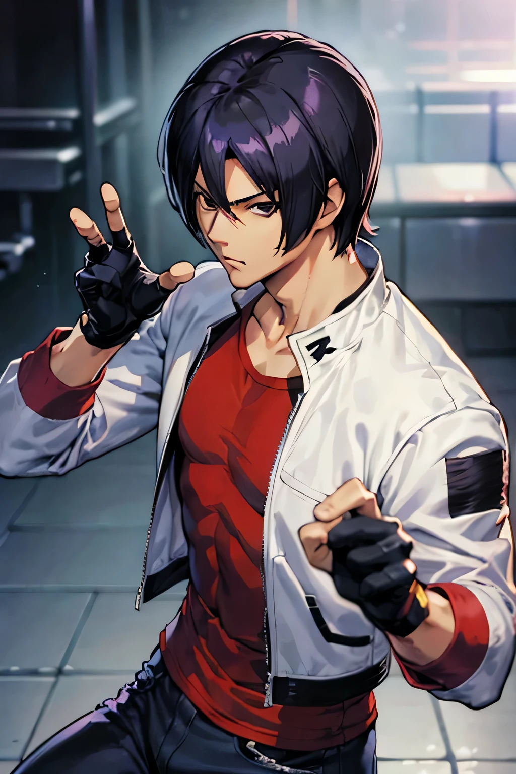 Kusanagi Kyo, NestKyo, kof 2002, O rei dos lutadores 2002, Kusanagi Kyo 2002, Jaqueta branca, camiseta preta, camiseta cruzada, jeans, luvas sem dedos