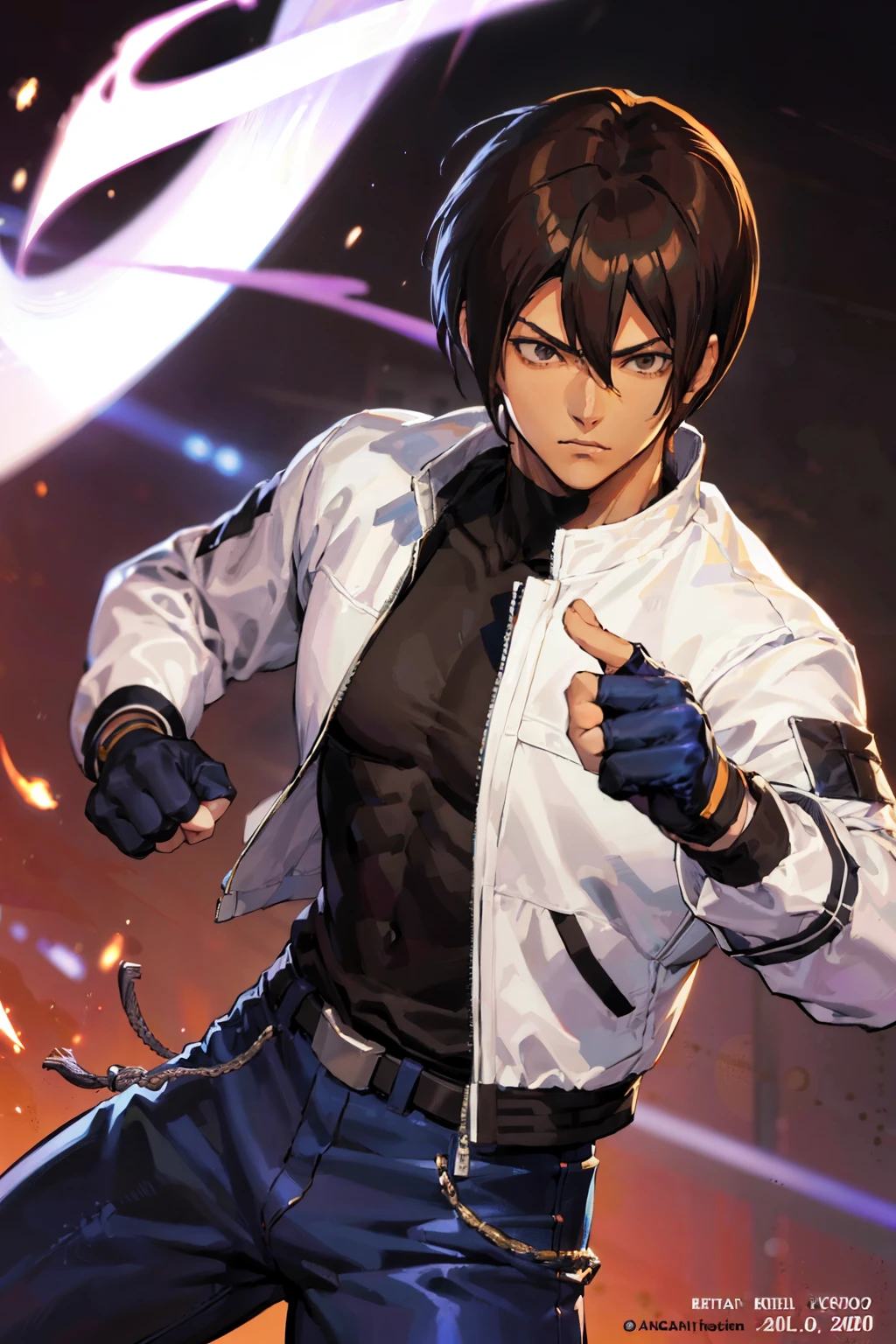 Kusanagi Kyo, NestKyo, KoF 2002, The King of fighters 2002, Kusanagi Kyo 2002, white jacket, Black t-shirt, Cross t-shirt, jeans, fingerless gloves, brown hair