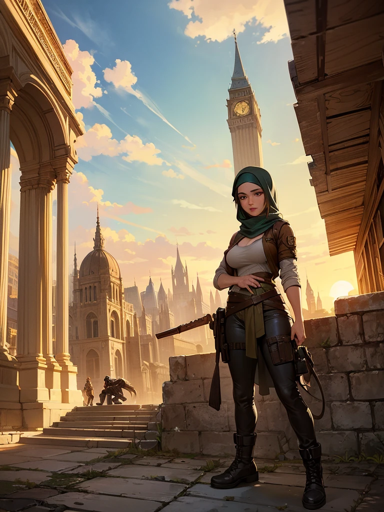 (a beautiful detailed illustration of) a sexy busty Malaysian Lara Croft wearing a hijab and a sexy explorer outfit, investigating an ancient Gold City at sunset, with a panoramic view of the city in the background. The city is adorned with intricate gold architecture, towering buildings, and winding streets. The setting sun casts a warm golden glow over the scene, creating a mesmerizing atmosphere. The focus is on Lara Croft, showing her from head to toe. She has captivating eyes that are sharp and filled with determination. Her lips are perfectly defined, adding a touch of sensuality to her appearance. Her face is flawlessly detailed, with every contour and expression expertly rendered. Her eyes are accentuated with long eyelashes that flutter with every movement. Lara Croft is wearing a hijab, symbolizing her cultural heritage and adding a unique element to her character. Her explorer outfit is fashionable and functional, consisting of a form-fitting top, cargo pants with plenty of pockets, and sturdy boots suitable for rugged terrains. As Lara explores the ancient Gold City, she encounters giant snakes slithering through the ruins. These serpents are magnificent in size, winding their way through the crumbling structures, adding an element of danger and adventure to the scene. Their scales are depicted with incredible detail, shimmering in various shades of gold and copper in the sunset light. The overall image quality is of the highest standard, with ultra-detailed artwork that captures every intricate detail of Lara, the Gold City, and the giant snakes. The rendering is photorealistic, bringing the scene to life with vivid colors and a sharp focus. The lighting is designed to create a dramatic atmosphere, showcasing the beauty and mystery of Lara's exploration.