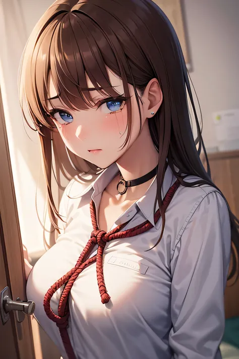 ((best quality)), ((masterpiece)), (detailed), female, (rope around neck), young, fair skin, blue eyes, school uniform, depresse...