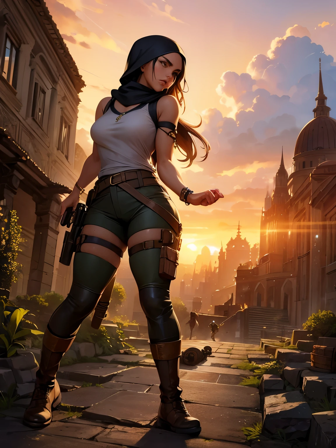 (a beautiful detailed illustration of) a sexy busty Malaysian Lara Croft wearing a hijab and a sexy explorer outfit, investigating an ancient Gold City at sunset, with a panoramic view of the city in the background. The city is adorned with intricate gold architecture, towering buildings, and winding streets. The setting sun casts a warm golden glow over the scene, creating a mesmerizing atmosphere. The focus is on Lara Croft, showing her from head to toe. She has captivating eyes that are sharp and filled with determination. Her lips are perfectly defined, adding a touch of sensuality to her appearance. Her face is flawlessly detailed, with every contour and expression expertly rendered. Her eyes are accentuated with long eyelashes that flutter with every movement. Lara Croft is wearing a hijab, symbolizing her cultural heritage and adding a unique element to her character. Her explorer outfit is fashionable and functional, consisting of a form-fitting top, cargo pants with plenty of pockets, and sturdy boots suitable for rugged terrains. As Lara explores the ancient Gold City, she encounters giant snakes slithering through the ruins. These serpents are magnificent in size, winding their way through the crumbling structures, adding an element of danger and adventure to the scene. Their scales are depicted with incredible detail, shimmering in various shades of gold and copper in the sunset light. The overall image quality is of the highest standard, with ultra-detailed artwork that captures every intricate detail of Lara, the Gold City, and the giant snakes. The rendering is photorealistic, bringing the scene to life with vivid colors and a sharp focus. The lighting is designed to create a dramatic atmosphere, showcasing the beauty and mystery of Lara's exploration.