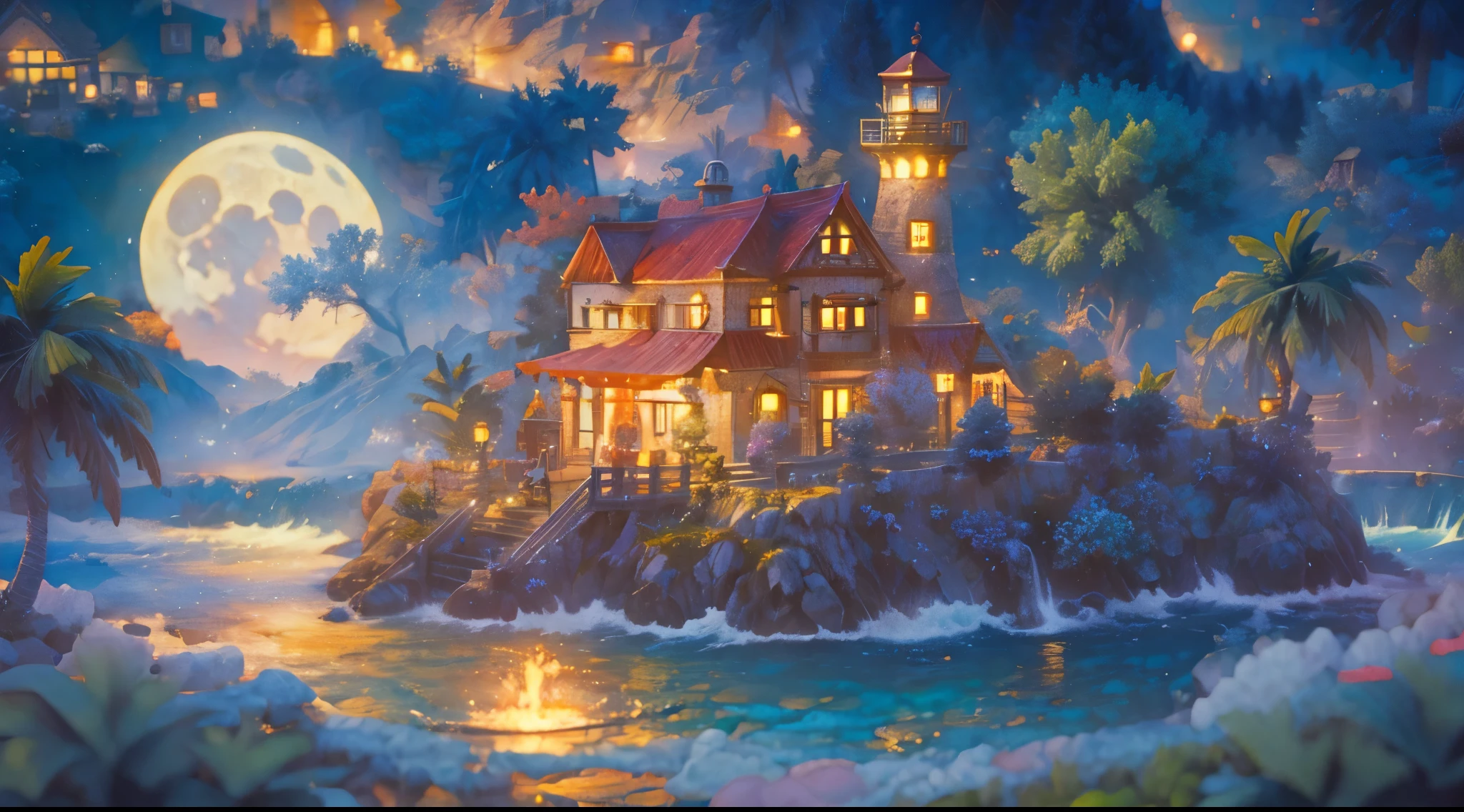 (best quality,4K,8k,high resolution,masterpiece:1.2),no person,moon light,Super detailed,(actual,photoactual,photo-actual:1.37),Coloring book illustration,Ocean Fantasy,watercolor illustration,Luxurious and warm colors,village,house,Palm tree,Huge lighthouse,Highly detailed environment