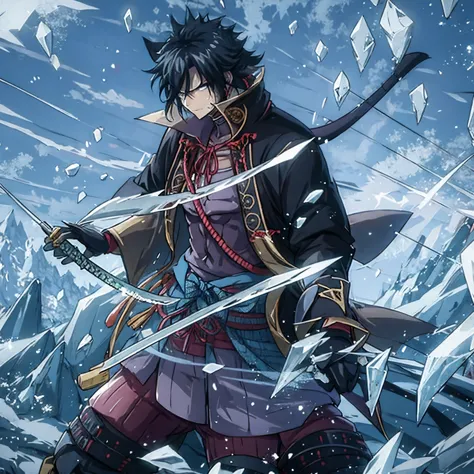 a man holding a katana made of ice
