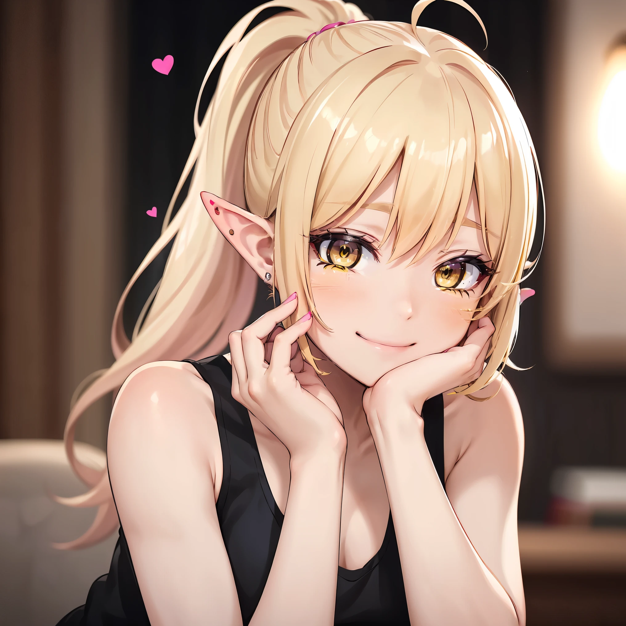 1 woman, mature:1.4, extreme close-up, bangs, elf, blonde hair, high ponytail, pink nails, blurry, blurry background, blush, facing viewer, hands on own cheeks, hands on own face, head rest, jewelry, long hair, black tank top, nail polish, line smile, solo, happy, cheeks, floating hearts:1.3