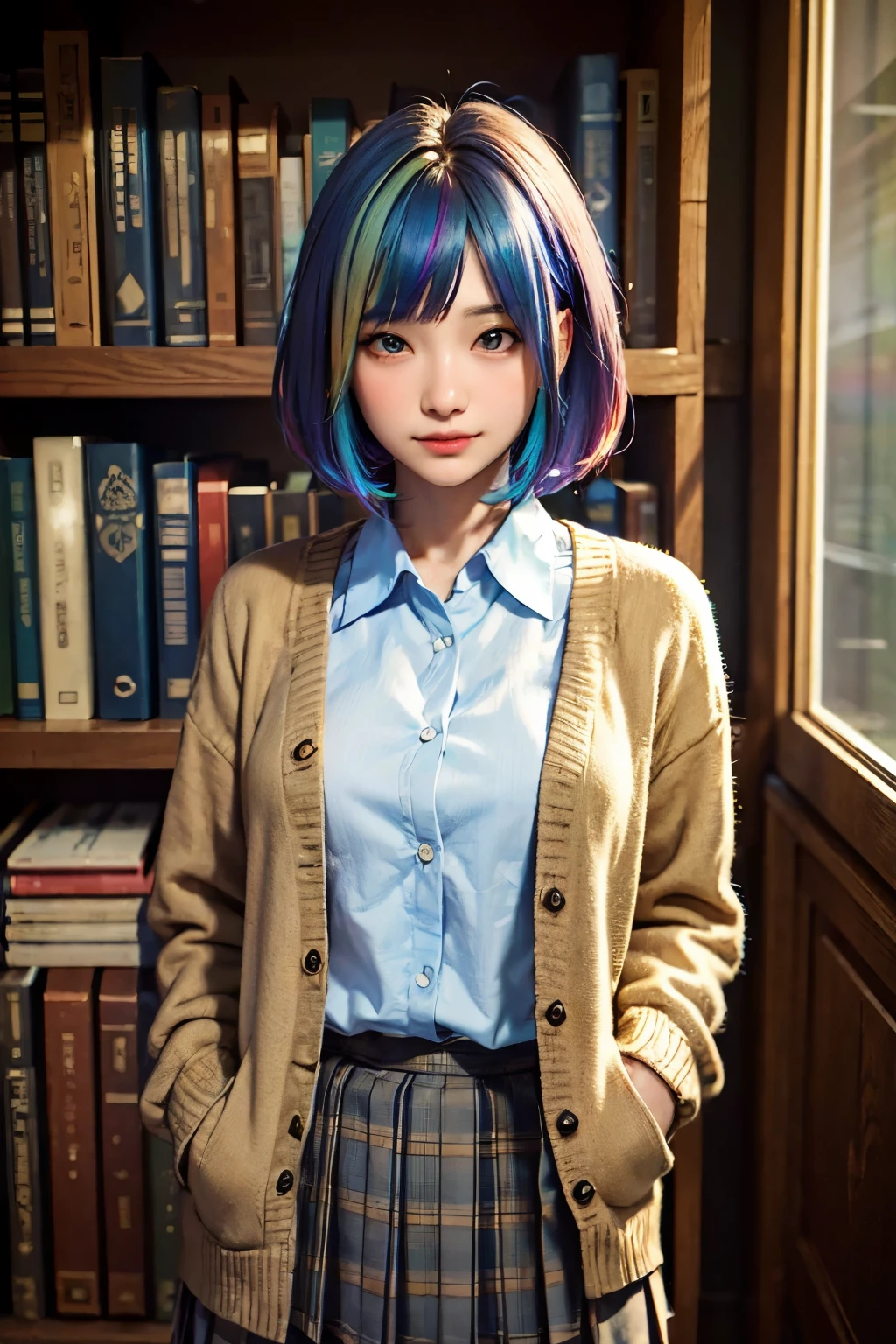 （In 8K, best quality, muste piece:1.2)、ultra high resolution,1 beautiful 18 year old woman,ultra-detailed face,symmetrical eyes、droopy eyes,detailed eyes, ((Rainbow Hair))、short hair,blunt bangs,BREAK,school uniform, (beige cardigan),navy pleated skirt,cinema lighting,smile,BREAK,Standing in front of a bookshelf,solo,library