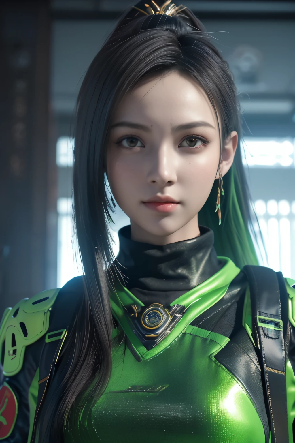 Game art，The best picture quality，Highest resolution，8K，(A bust photograph)，(Portrait)，(Head close-up:1.5)，(Rule of thirds)，Unreal Engine 5 rendering works， (The Girl of the Future)，(Female Warrior)， 22-year-old girl，(Female hackers)，(Dark green gradient，Ancient Oriental hairstyle)，((The pupils of the red eyes:1.3))，(A beautiful eye full of detail)，(Big breasts)，(Eye shadow)，Elegant and charming，indifferent，((Anger))，(Cyberpunk jacket full of futuristic look，Joint Armor，There are exquisite Chinese patterns on the clothes，A flash of jewellery)，Cyberpunk Characters，Future Style， Photo poses，City background，Movie lights，Ray tracing，Game CG，((3D Unreal Engine))，oc rendering reflection pattern