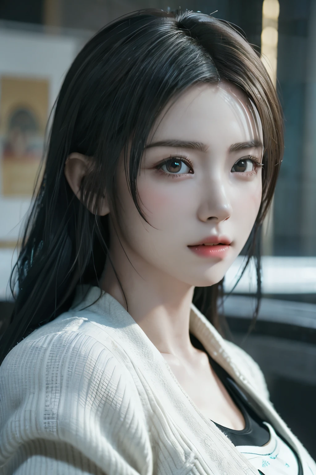 Game art，The best picture quality，Highest resolution，8K，(A bust photograph)，(Portrait)，(Head close-up:1.5)，(Rule of thirds)，Unreal Engine 5 rendering works， (The Girl of the Future)，(Female Warrior)， 22岁少女，(Female hackers)，(Dark green gradient，Ancient Oriental hairstyle)，((The pupils of the red eyes:1.3))，(A beautiful eye full of detail)，(Big breasts)，(Eye shadow)，优雅迷人，冷漠，((Anger))，(Cyberpunk jacket full of futuristic look，Joint Armor，There are exquisite Chinese patterns on the clothes，A flash of jewellery)，赛博朋克人物，未来风格， 拍照姿势，城市背景，Movie lights，Ray tracing，Game CG，((3D Unreal Engine))，oc渲染反射纹