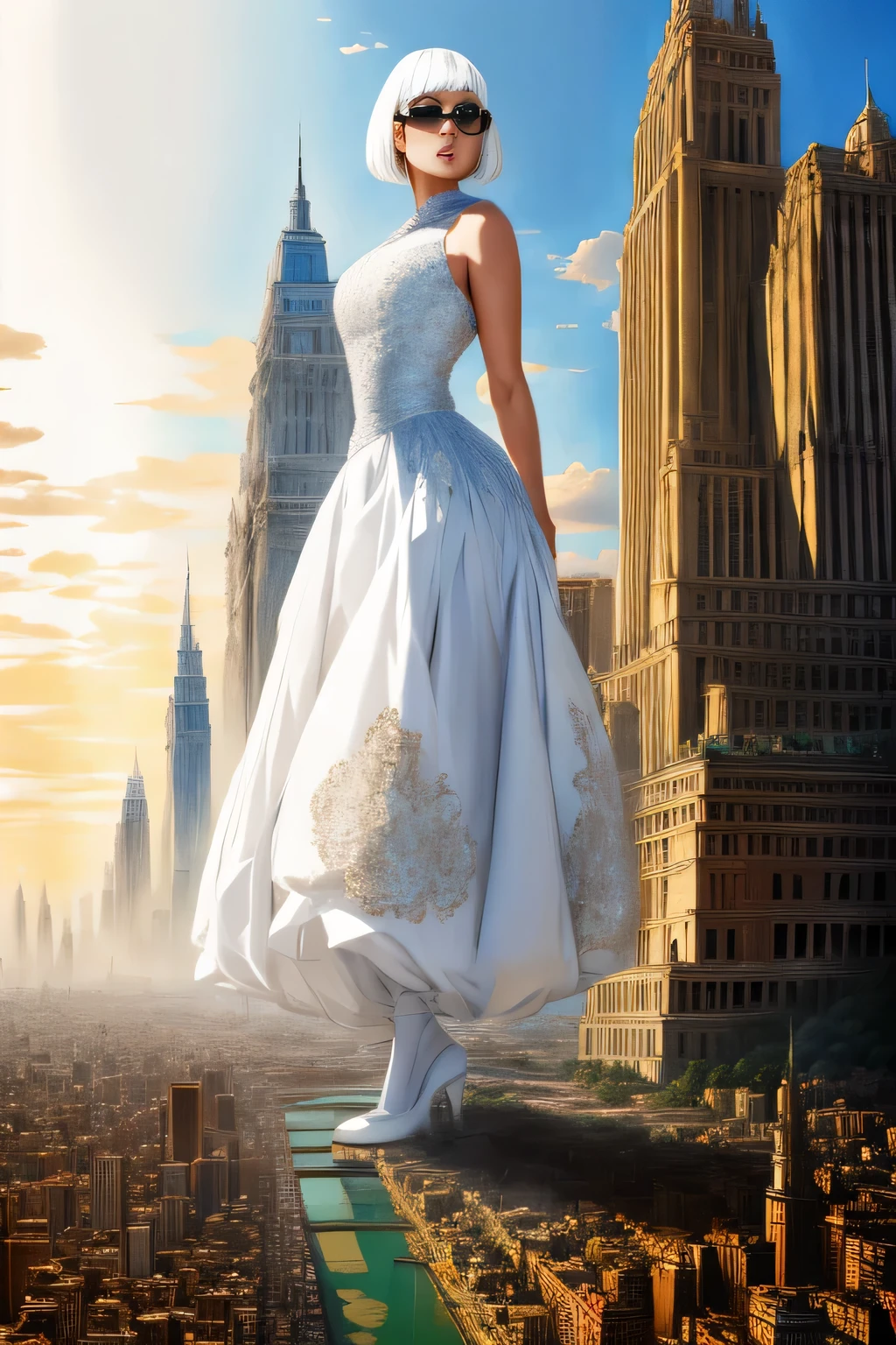 Giant&#39;s Art, Highly detailed Giant shot, Giant, short hair, black pantyhose, A giant princess much bigger than a skyscraper, wearing rimless glasses, big breasts, BIG ASS, White luxury dress, white pantyhose, white high heels, very small metropolis, miniature metropolis, full body description, ＧＴＳ, Giga Giant, Stomping City, crash city, Small town, micro city, High resolution, highest quality, masterpiece, crystalline dress, 