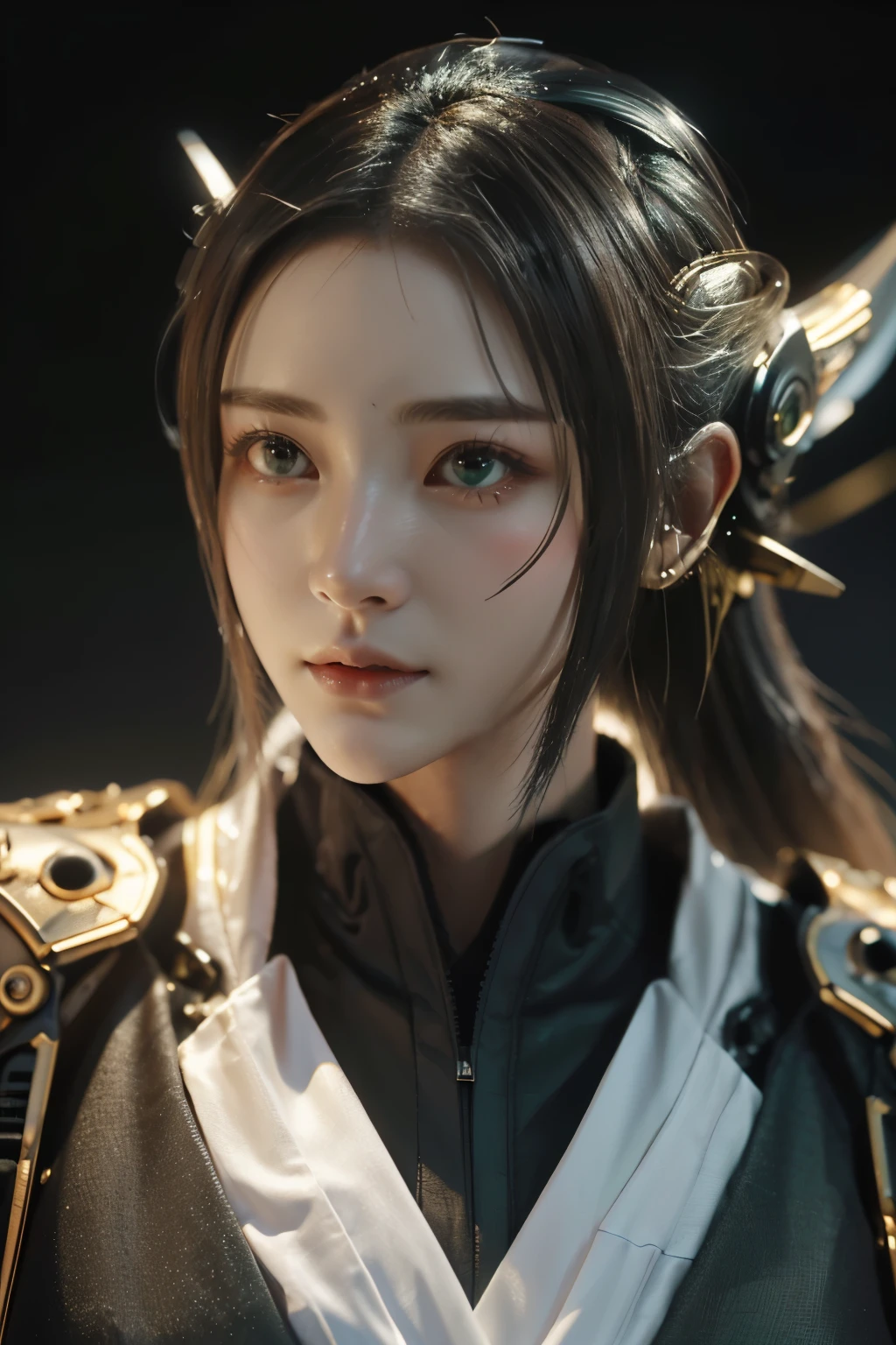 Game art，The best picture quality，Highest resolution，8K，(A bust photograph)，(Portrait)，(Head close-up:1.5)，(Rule of thirds)，Unreal Engine 5 rendering works， (The Girl of the Future)，(Female Warrior)， 22-year-old girl，(Female hackers)，(Dark green gradient，Ancient Oriental hairstyle)，((The pupils of the red eyes:1.3))，(A beautiful eye full of detail)，(Big breasts)，(Eye shadow)，Elegant and charming，indifferent，((Anger))，(Cyberpunk jacket full of futuristic look，Joint Armor，There are exquisite Chinese patterns on the clothes，A flash of jewellery)，Cyberpunk Characters，Future Style， Photo poses，City background，Movie lights，Ray tracing，Game CG，((3D Unreal Engine))，oc rendering reflection pattern