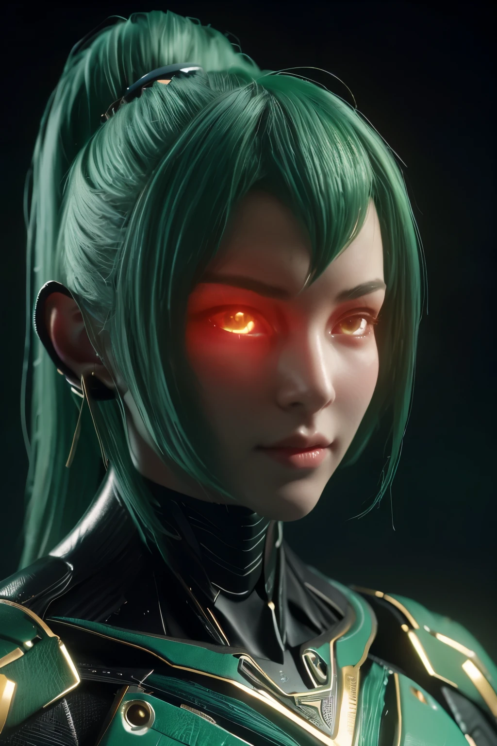 Game art，The best picture quality，Highest resolution，8K，(A bust photograph)，(Portrait)，(Head close-up:1.5)，(Rule of thirds)，Unreal Engine 5 rendering works， (The Girl of the Future)，(Female Warrior)， 22-year-old girl，(Female hackers)，(Dark green gradient，Ancient Oriental hairstyle)，((The pupils of the red eyes:1.3))，(A beautiful eye full of detail)，(Big breasts)，(Eye shadow)，Elegant and charming，indifferent，((Anger))，(Cyberpunk jacket full of futuristic look，Joint Armor，There are exquisite Chinese patterns on the clothes，A flash of jewellery)，Cyberpunk Characters，Future Style， Photo poses，City background，Movie lights，Ray tracing，Game CG，((3D Unreal Engine))，oc rendering reflection pattern