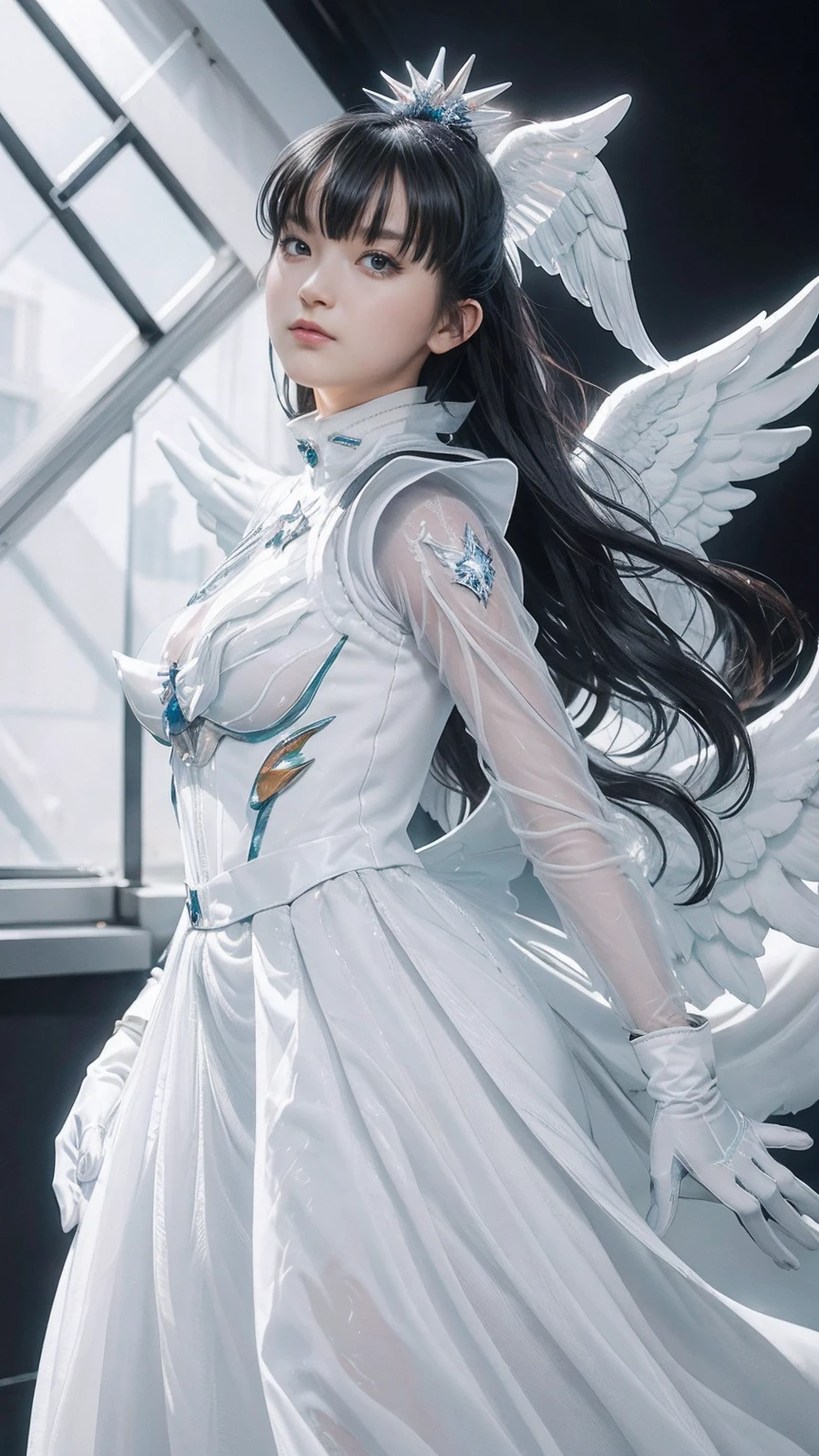 momometal, Surrealism, high detail, modern, motion blur, ray tracing, film grain, drop shadow, UHD, masterpiece, anatomically correct, super detail, 4K, (straight pose)model photo shot of a woman(looking at viewer) wearing a white angel suit flying on the space, galaxy, masterpiece, (wide shot:1.2),1girl, (wearing white angelic goddess suit, gloves:1.5), galaxy background, big tits, long white hair without bangs, by Artgerm, 4k, natural daylight, white head crown with full ornament, perfection, ultra high res, full body shot, (white transparent sleeves, long skirt:1.4), ultrarealistic, (wet body:1.2) (white eyes:1.1), (angel wings:1.2), backlight, there are dove feathers levitating around her, (photorealistic:1.4), uhd, (perfect_fingers:1.0), (perfect_legs:1.0), better_hands, More_Detail