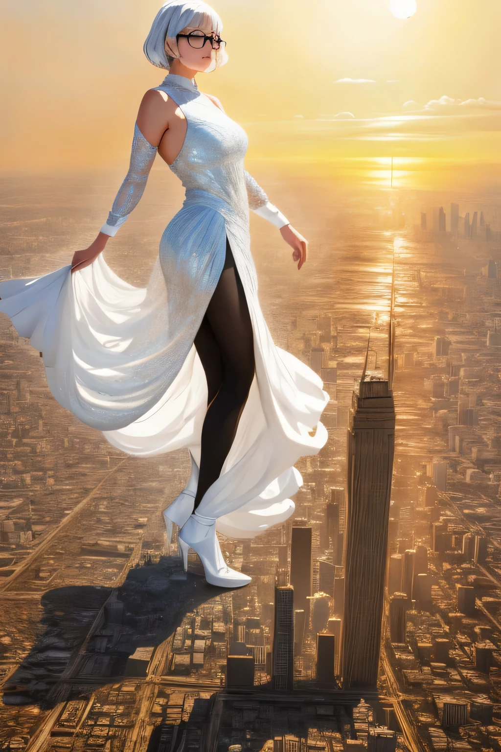 Giant&#39;s Art, Highly detailed Giant shot, Giant, short hair, black pantyhose, A giant princess much bigger than a skyscraper, wearing rimless glasses, big breasts, BIG ASS, White luxury dress, white pantyhose, white high heels, very small metropolis, miniature metropolis, full body description, ＧＴＳ, Giga Giant, Stomping City, crash city, Small town, micro city, High resolution, highest quality, masterpiece, crystalline dress, 